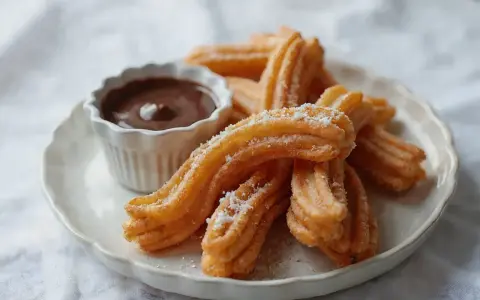 Churros con chocolate, złociste, posypane cukrem, czekają na zanurzenie w gorącej, gęstej czekoladzie. Idealna przekąska.