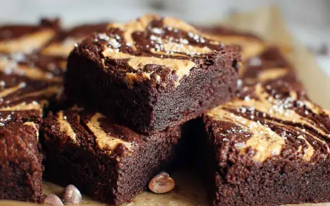 Czekoladowe brownie z masłem orzechowym, posypane solą morską. Idealne na deser.