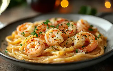 Pyszny makaron z krewetkami na winie, posypany natką pietruszki i parmezanem. Idealny na romantyczną kolację.