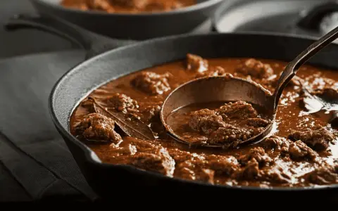 Gulasz w żeliwnej patelni, nabierany chochlą. Idealny przykład, jak zredukować sos, by był gęstszy i bardziej aromatyczny.