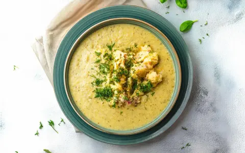Aksamitna zupa z zielonego groszku z puszki, udekorowana puree ziemniaczanym i świeżym koperkiem.
