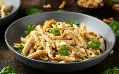 Penne ze szpinakiem i orzechami włoskimi w kremowym sosie, udekorowane natką pietruszki.