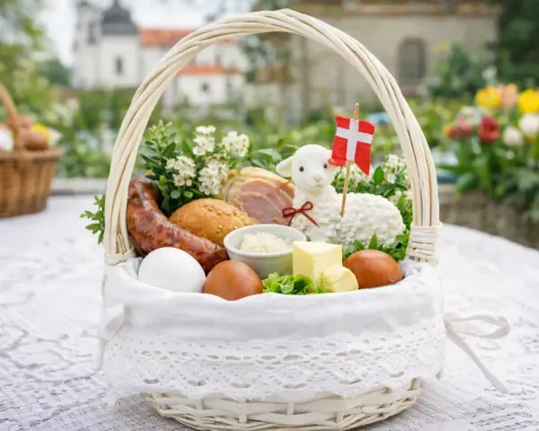 Biały koszyk z tradycyjnymi produktami co do swieconki: jajka, kiełbasa, chleb, masło, baranek z flagą Danii.