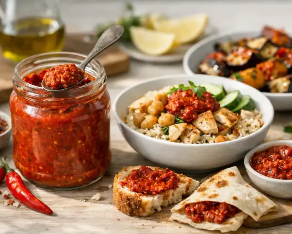 Słoik pełen pikantnej pasty harissa, która dodaje smaku potrawom. Obok pieczywo z harissą i miska z ryżem, kurczakiem i ciecierzycą.