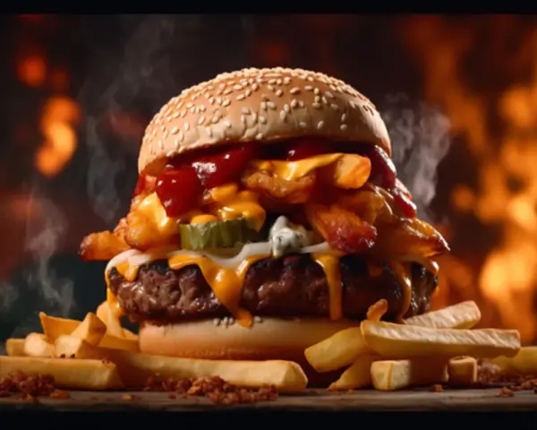 Soczysty burger z frytkami i serem, idealny na obiad. Pyszny sos amerykański przepis na domowe frytki.