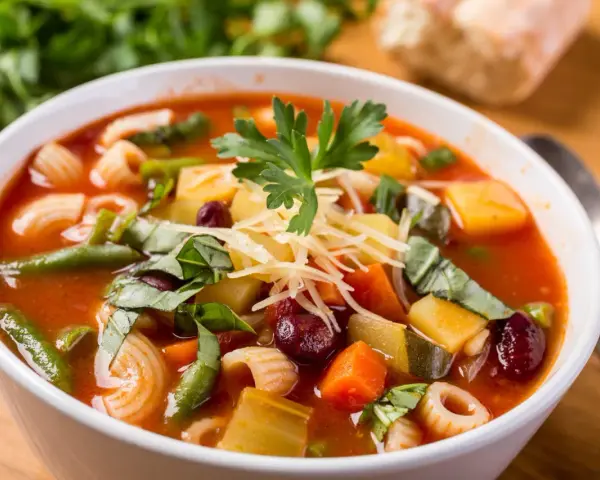 A miseczce aromatyczna zupa minestrone, oryginalny przepis z makaronem, fasolką, ziemniakami i startym parmezanem.