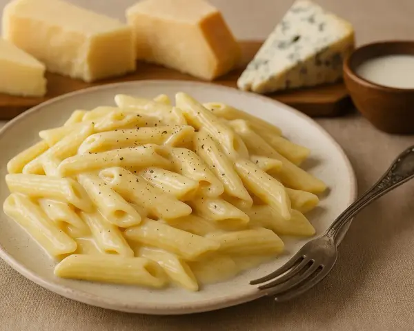 Penne w kremowym sosie serowym, z kawałkami parmezanu i sera pleśniowego w tle. Idealne danie mac and cheese.