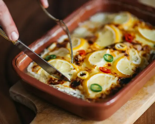 Pyszna zapiekanka z rybą, cytryną i papryczkami chili, gotowa do podania.