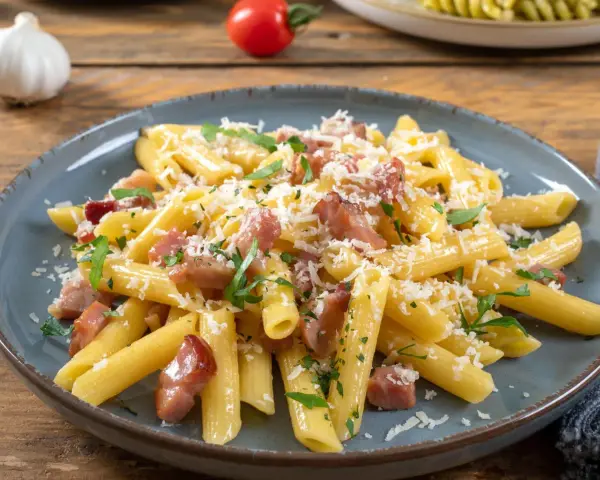Penne rigate z boczkiem i parmezanem, posypane świeżą natką pietruszki. Pyszne spaghetti z serem, które zachwyca smakiem.