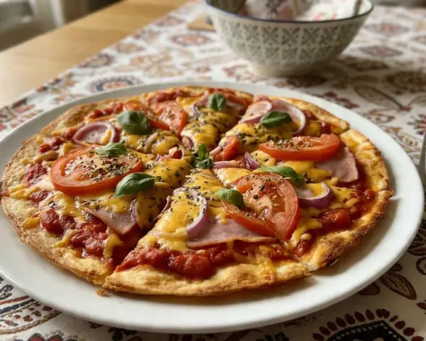 Pyszna pizza z tortilli z pomidorami, cebulą, szynką i serem, udekorowana bazylią. Idealna na szybki obiad.