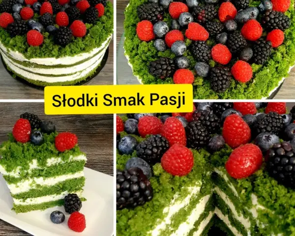 Zielony tort z kremem i owocami leśnymi, jak z bajki. Ten leśny mech przepis to marzenie!
