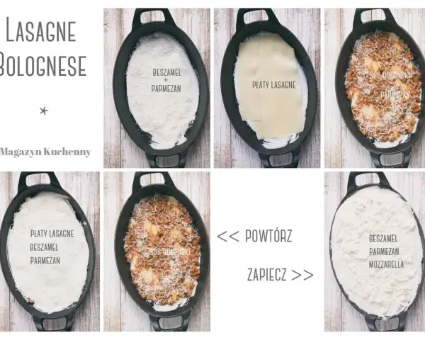 Prosty przepis na lasagne bolognese: warstwy beszamelu, makaronu, sosu bolońskiego i parmezanu. Powtórz i zapiecz.