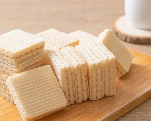 Chrupiące wafle z mlekiem w proszku i galaretką, ułożone na drewnianej desce. Idealne na deser.