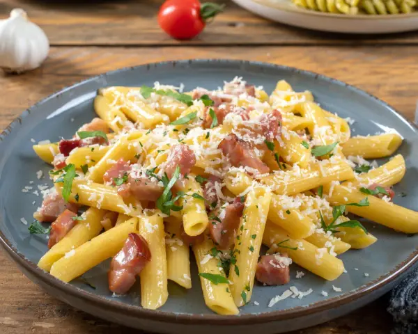 Penne z boczkiem, posypane parmezanem i natką pietruszki, na talerzu z drewnianym tłem.