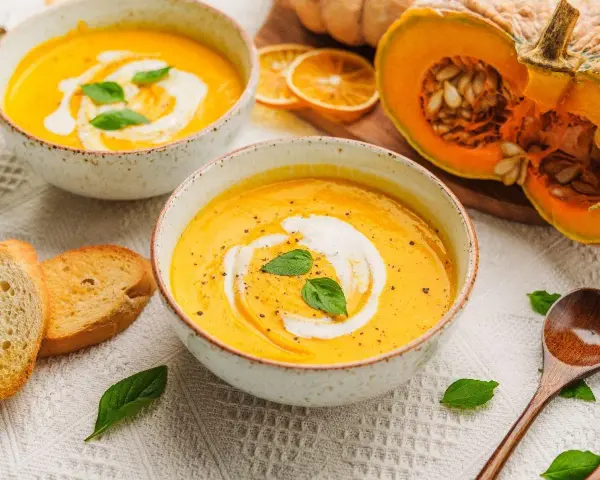 Aksamitna zupa z dyni hokkaido, udekorowana śmietaną i bazylią, podana z grzankami. Obok połówka dyni.