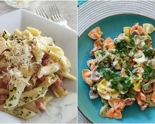 Dwa dania z makaronem: penne z boczkiem i parmezanem oraz kolorowe farfalle w kremowym sosie. Idealne pomysły, z czym zrobić makaron na obiad.