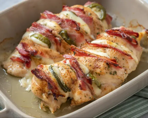 Pieczona pierś z kurczaka zawinięta w boczek, z serem i papryczką jalapeno, w naczyniu żaroodpornym.
