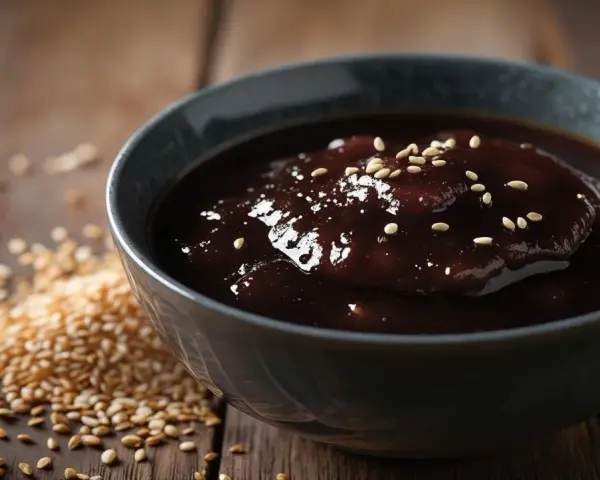 Gęsty, błyszczący sos teriyaki w misce, posypany sezamem. Obok garść ziaren sezamu. Idealny sos teriyaki przepis.