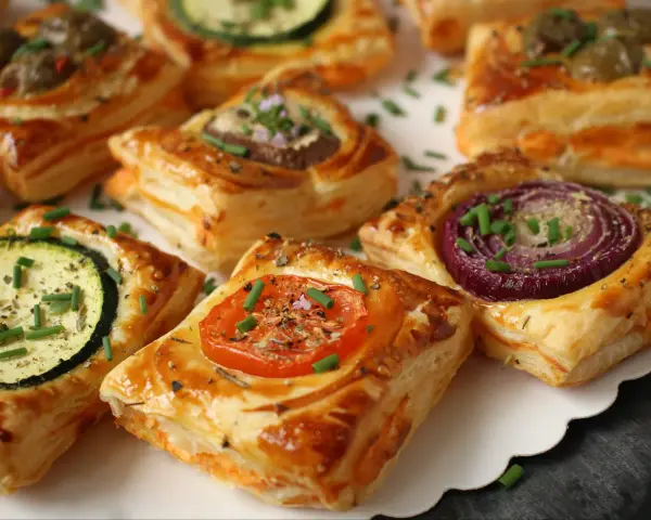Aperitif z ciasta francuskiego na słono: z cukinią, pomidorem, cebulą i grzybami. Idealne na przyjęcie!