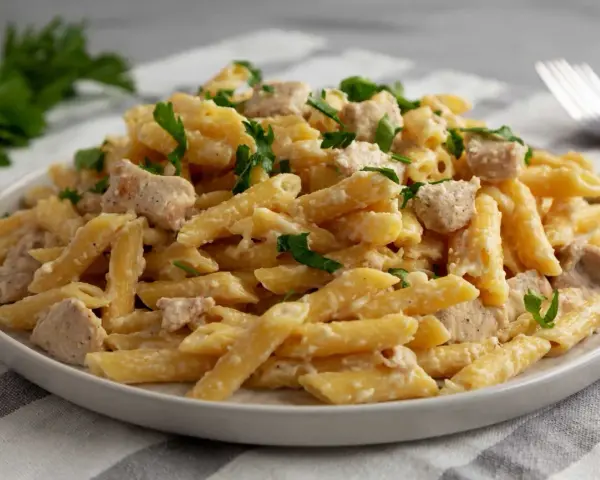 Penne z kremowym sosem i kawałkami indyka, posypane świeżą natką pietruszki. Pyszny makaron z indykiem na talerzu.