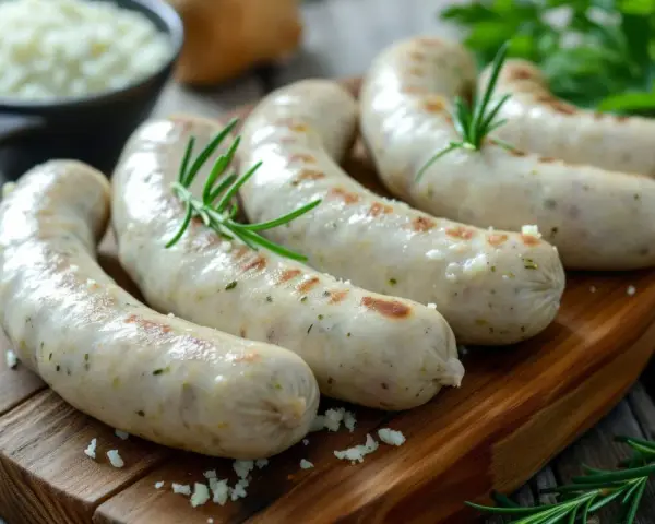 Kilka soczystych, białych kiełbasek surowych, przyprawionych ziołami, leży na drewnianej desce.