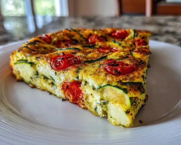 Pyszna frittata z cukinią, pomidorkami i ziołami, podana na białym talerzu. Idealna na lekki posiłek.