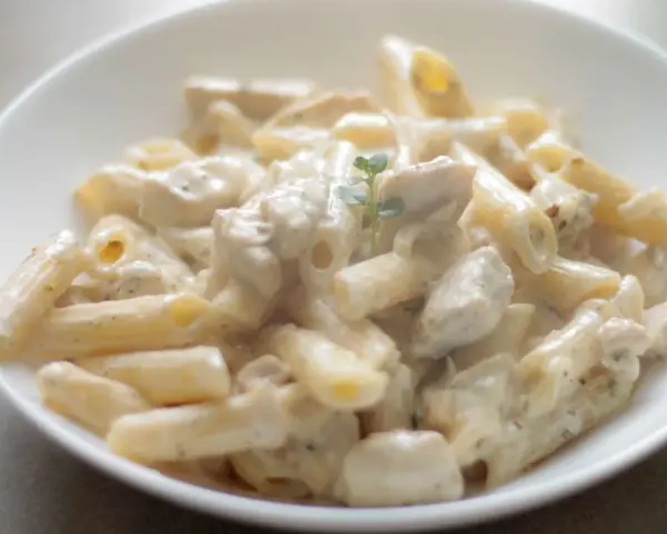 Penne w kremowym sosie serowym z kawałkami kurczaka, udekorowane gałązką ziół. Pyszny makaron serowy z kurczakiem.