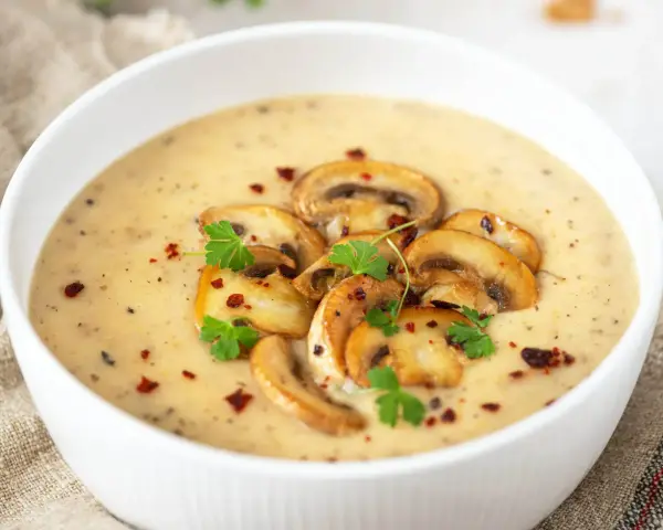 Aksamitny zupa krem z pieczarek, udekorowana plasterkami pieczarek, natką pietruszki i płatkami chili. Idealna na chłodne dni.
