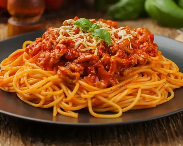 Pyszne spaghetti z mięsem mielonym, polane sosem pomidorowym i posypane startym serem, ozdobione listkiem bazylii.