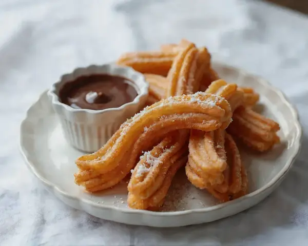 Churros con chocolate, złociste, posypane cukrem, czekają na zanurzenie w gorącej, gęstej czekoladzie. Idealna przekąska.