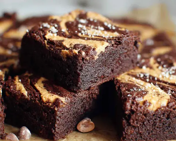 Czekoladowe brownie z masłem orzechowym, posypane solą morską. Idealne na deser.