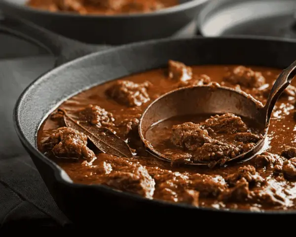 Gulasz w żeliwnej patelni, nabierany chochlą. Idealny przykład, jak zredukować sos, by był gęstszy i bardziej aromatyczny.