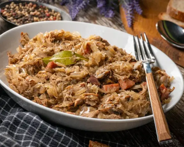 Pyszny bigos w białej misce, z widelcem. Zastanawiasz się, ile może stać bigos w lodówce? Nawet kilka dni, a smakuje coraz lepiej!