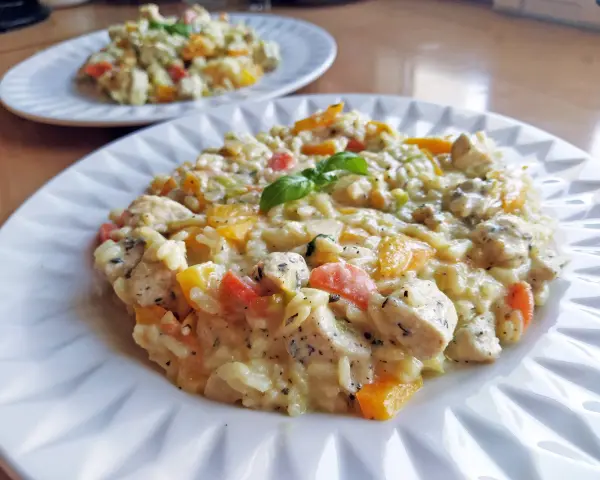 Pyszne risotto z kurczakiem i kolorowymi warzywami, udekorowane listkiem bazylii. Idealne na obiad.