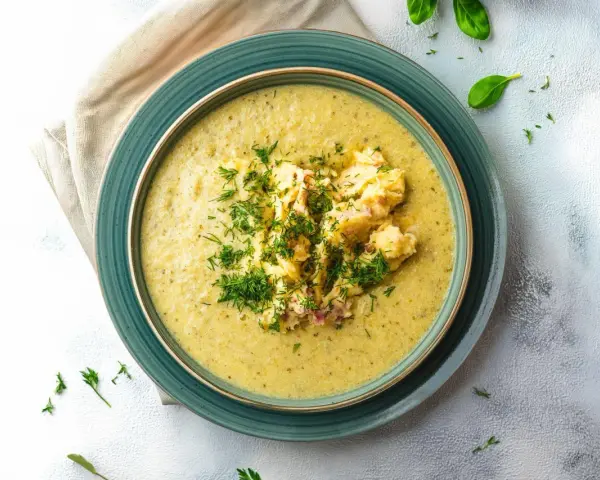 Aksamitna zupa z zielonego groszku z puszki, udekorowana puree ziemniaczanym i świeżym koperkiem.