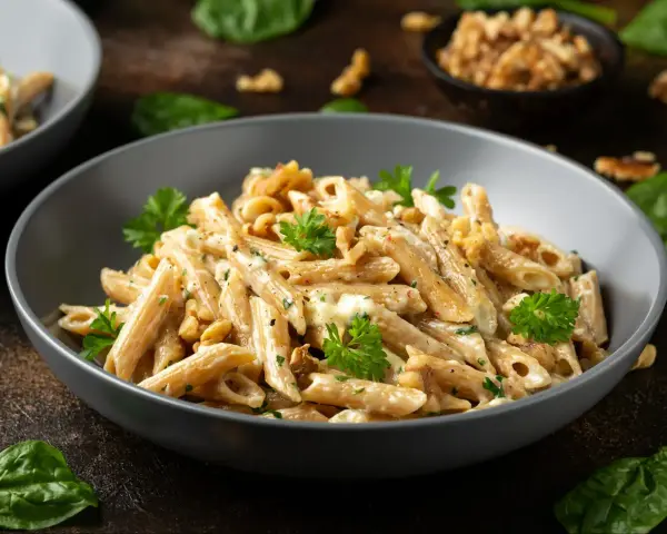Penne ze szpinakiem i orzechami włoskimi w kremowym sosie, udekorowane natką pietruszki.