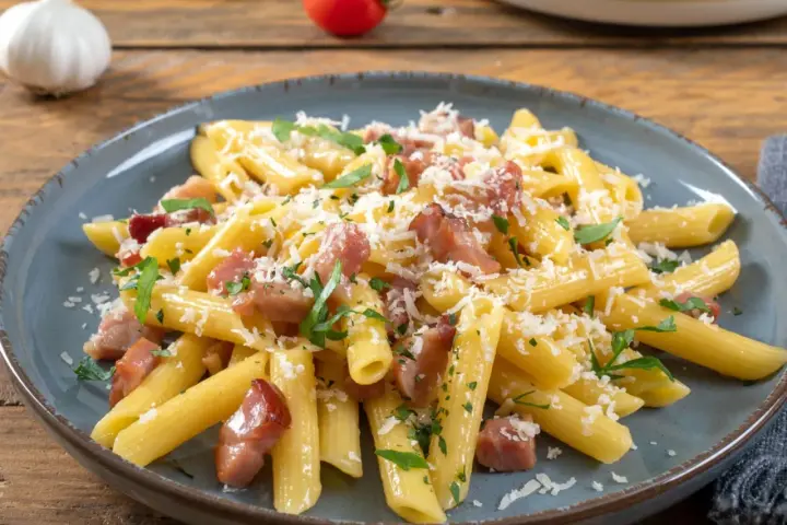 Penne rigate z boczkiem i parmezanem, posypane świeżą natką pietruszki. Pyszne spaghetti z serem, które zachwyca smakiem.