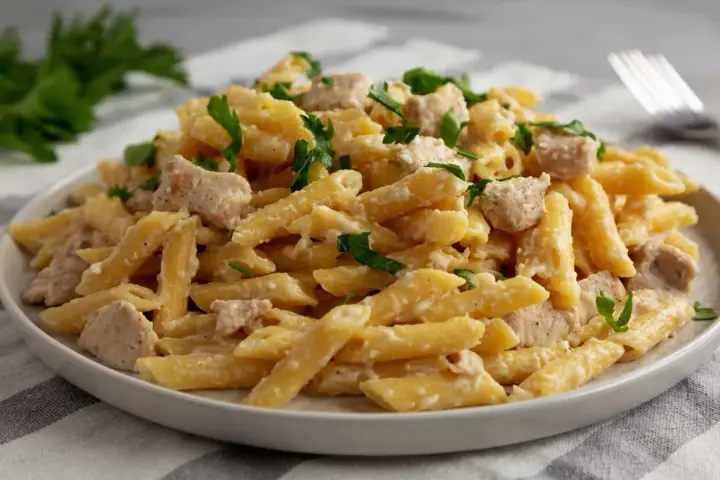 Penne z kurczakiem w kremowym sosie, posypane świeżą natką pietruszki. Pyszny makaron z sosem śmietanowym.