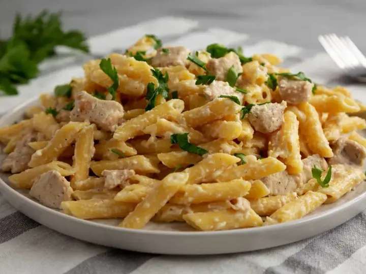 Penne z kurczakiem w kremowym sosie, posypane świeżą natką pietruszki. Pyszny makaron z sosem śmietanowym.