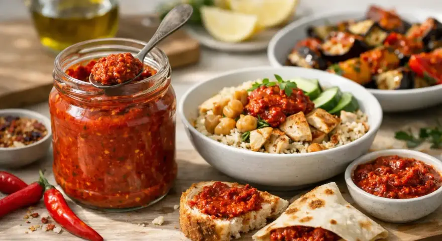 Słoik pełen pikantnej pasty harissa, która dodaje smaku potrawom. Obok pieczywo z harissą i miska z ryżem, kurczakiem i ciecierzycą.