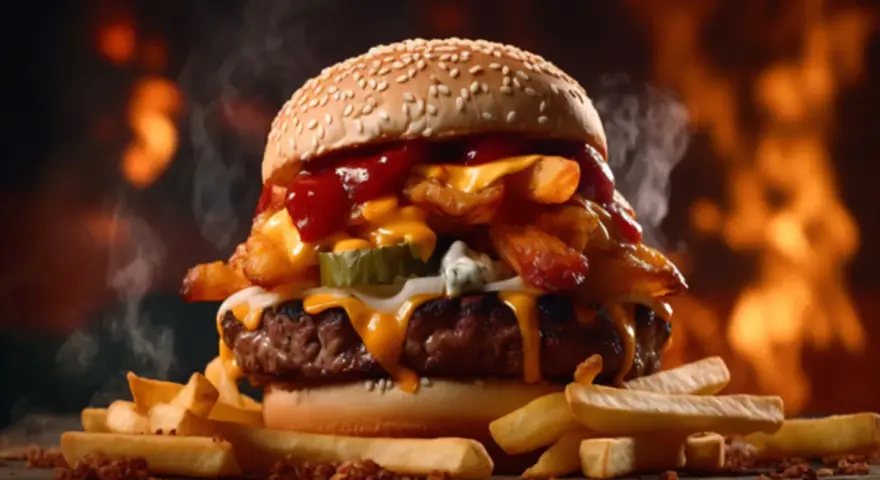 Soczysty burger z frytkami i serem, idealny na obiad. Pyszny sos amerykański przepis na domowe frytki.