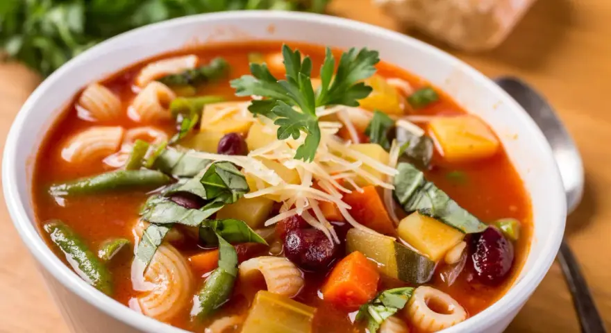 A miseczce aromatyczna zupa minestrone, oryginalny przepis z makaronem, fasolką, ziemniakami i startym parmezanem.