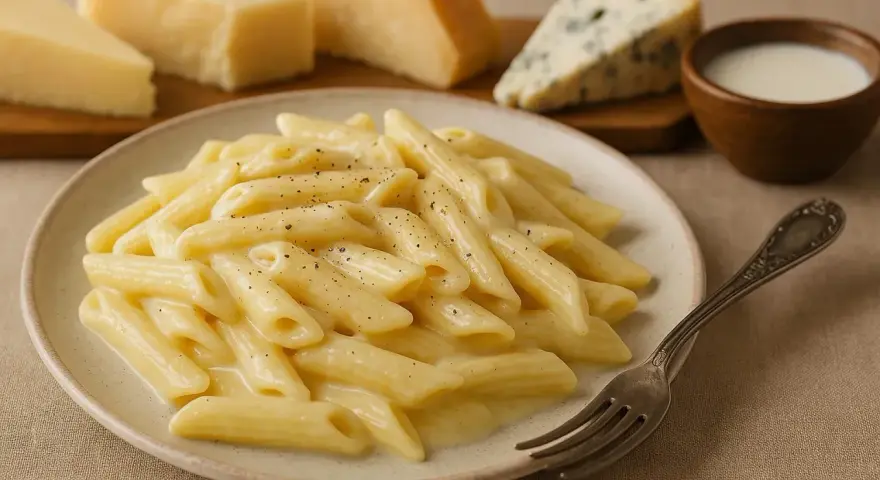 Penne w kremowym sosie serowym, z kawałkami parmezanu i sera pleśniowego w tle. Idealne danie mac and cheese.