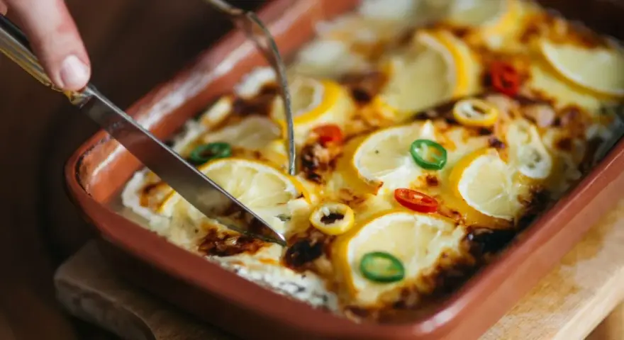 Pyszna zapiekanka z rybą, cytryną i papryczkami chili, gotowa do podania.