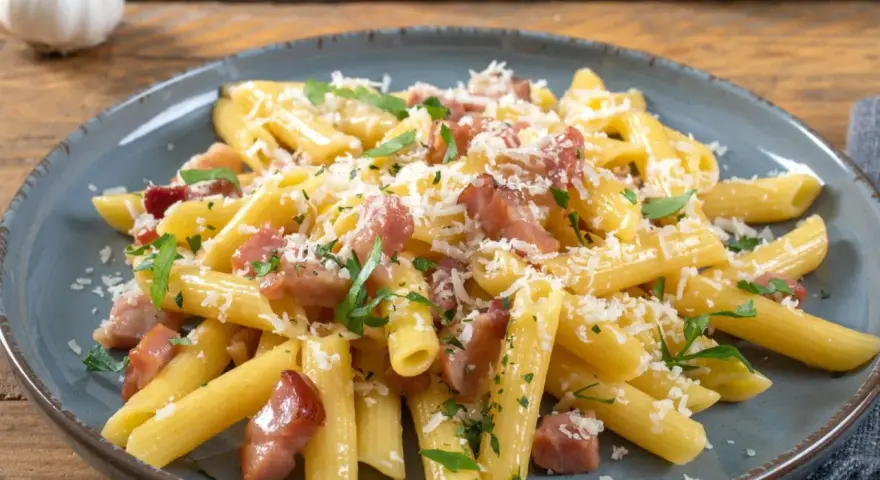 Penne rigate z boczkiem i parmezanem, posypane świeżą natką pietruszki. Pyszne spaghetti z serem, które zachwyca smakiem.