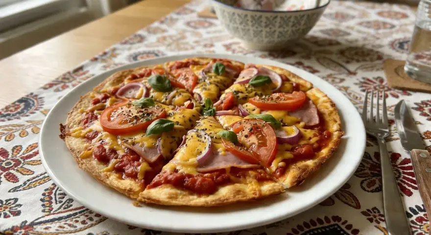 Pyszna pizza z tortilli z pomidorami, cebulą, szynką i serem, udekorowana bazylią. Idealna na szybki obiad.