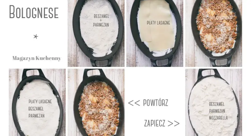 Prosty przepis na lasagne bolognese: warstwy beszamelu, makaronu, sosu bolońskiego i parmezanu. Powtórz i zapiecz.
