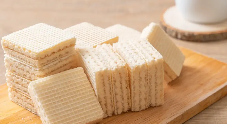 Chrupiące wafle z mlekiem w proszku i galaretką, ułożone na drewnianej desce. Idealne na deser.