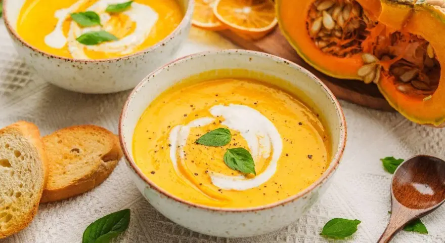 Aksamitna zupa z dyni hokkaido, udekorowana śmietaną i bazylią, podana z grzankami. Obok połówka dyni.