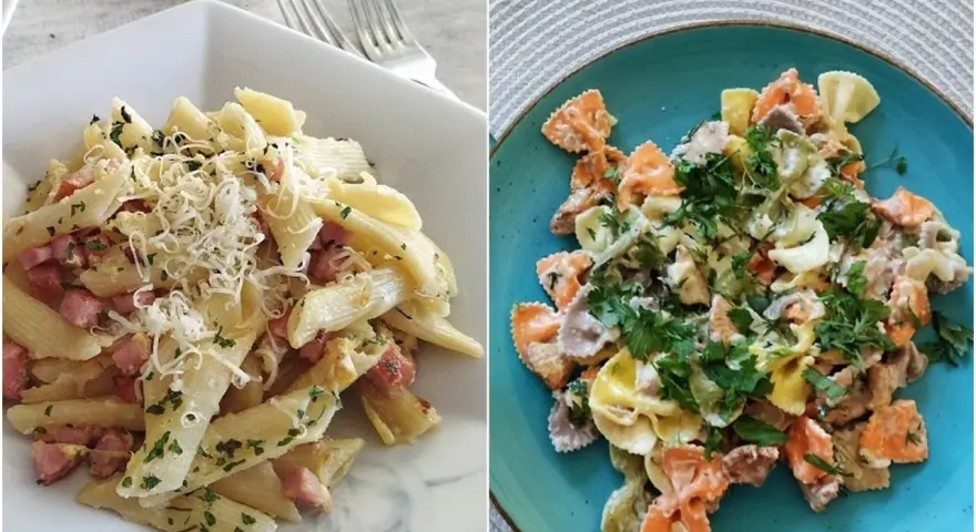 Dwa dania z makaronem: penne z boczkiem i parmezanem oraz kolorowe farfalle w kremowym sosie. Idealne pomysły, z czym zrobić makaron na obiad.